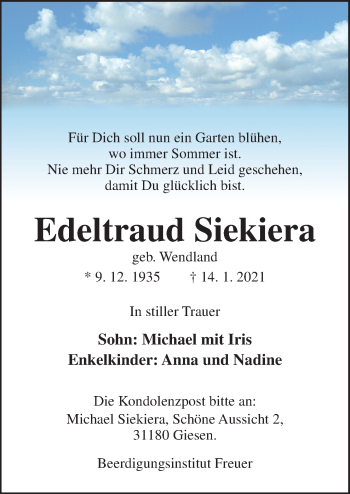 Traueranzeige von Edeltraud Siekiera von Neue Osnabrücker Zeitung GmbH & Co. KG