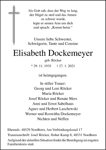 Traueranzeige von Elisabeth Dockemeyer von Neue Osnabrücker Zeitung GmbH & Co. KG