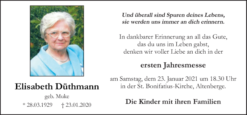  Traueranzeige für Elisabeth Düthmann vom 20.01.2021 aus Neue Osnabrücker Zeitung GmbH & Co. KG