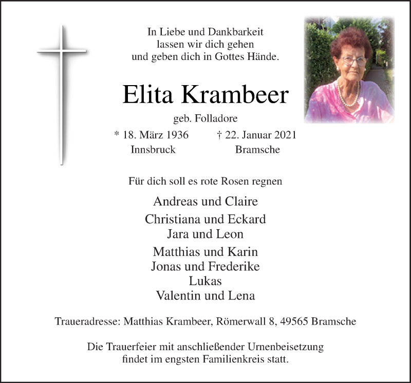  Traueranzeige für Elita Krambeer vom 30.01.2021 aus Neue Osnabrücker Zeitung GmbH & Co. KG