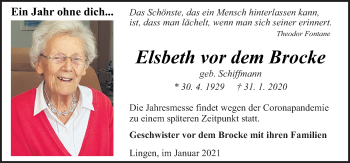 Traueranzeige von Elsbeth vor dem Brocke von Neue Osnabrücker Zeitung GmbH & Co. KG