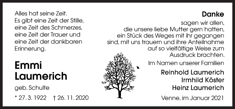  Traueranzeige für Emmi Laumerich vom 16.01.2021 aus Neue Osnabrücker Zeitung GmbH & Co. KG