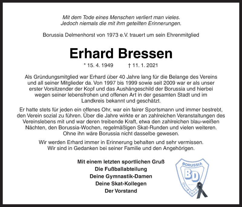  Traueranzeige für Erhard Bressen vom 23.01.2021 aus Neue Osnabrücker Zeitung GmbH & Co. KG