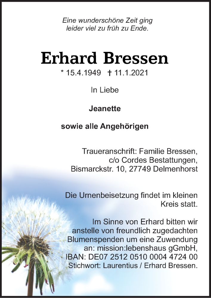  Traueranzeige für Erhard Bressen vom 16.01.2021 aus Neue Osnabrücker Zeitung GmbH & Co. KG