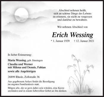 Traueranzeige von Erich Wessing von Neue Osnabrücker Zeitung GmbH & Co. KG