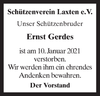 Traueranzeige von Ernst Gerdes von Neue Osnabrücker Zeitung GmbH & Co. KG