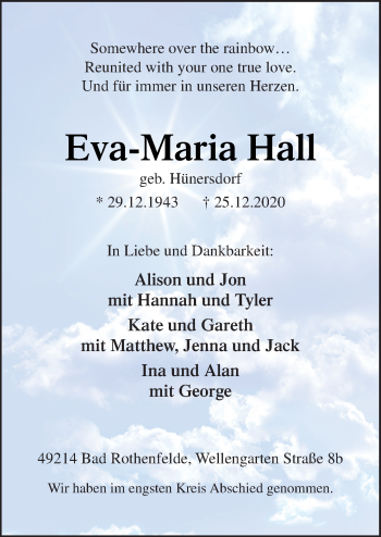 Traueranzeige von Eva-Maria Hall von Neue Osnabrücker Zeitung GmbH & Co. KG