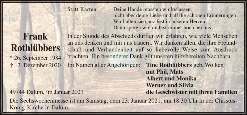  Traueranzeige für Frank Rothlübbers vom 19.01.2021 aus Neue Osnabrücker Zeitung GmbH & Co. KG