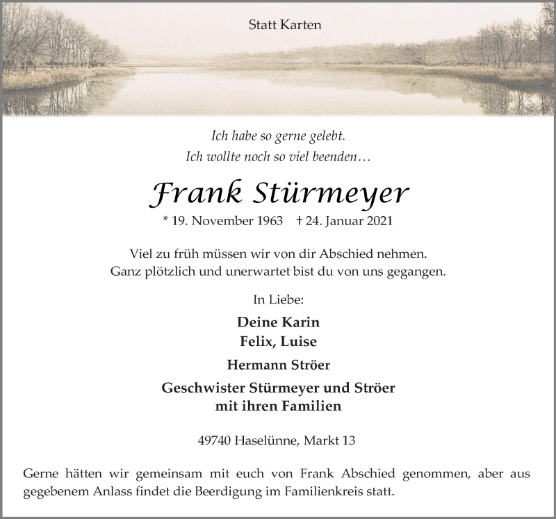  Traueranzeige für Frank Stürmeyer vom 28.01.2021 aus Neue Osnabrücker Zeitung GmbH & Co. KG