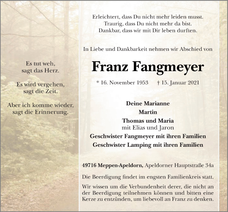  Traueranzeige für Franz Fangmeyer vom 18.01.2021 aus Neue Osnabrücker Zeitung GmbH & Co. KG