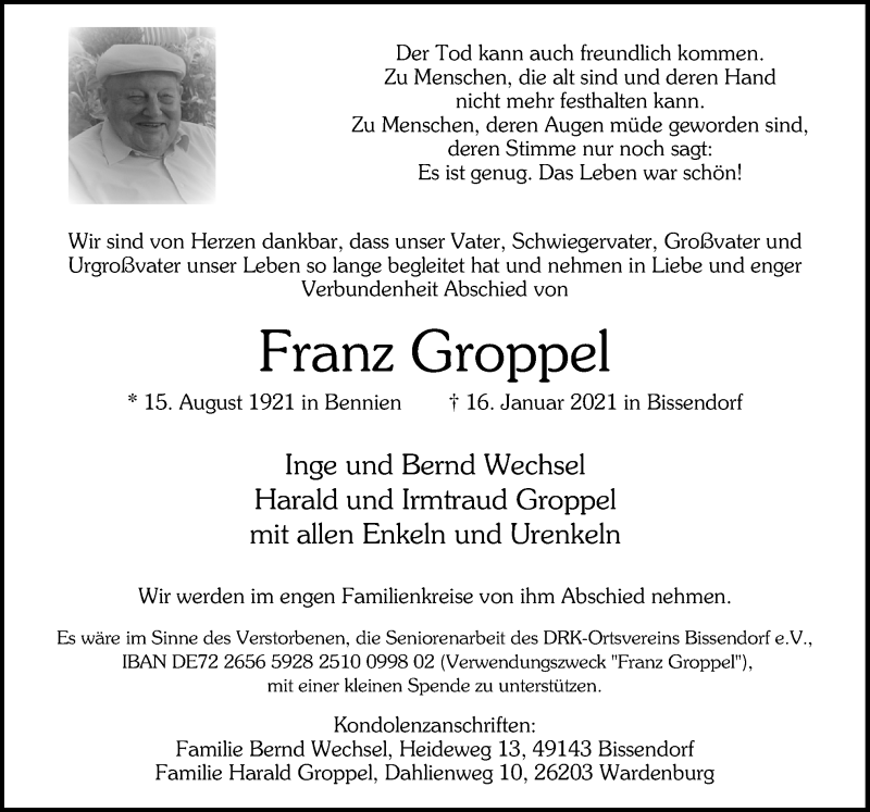  Traueranzeige für Franz Groppel vom 22.01.2021 aus Neue Osnabrücker Zeitung GmbH & Co. KG