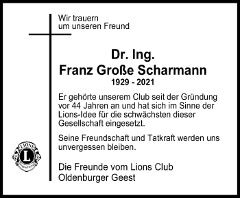 Traueranzeige von Franz Große Scharmann von Neue Osnabrücker Zeitung GmbH & Co. KG