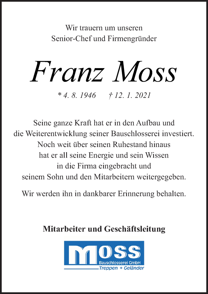  Traueranzeige für Franz Moss vom 16.01.2021 aus Neue Osnabrücker Zeitung GmbH & Co. KG