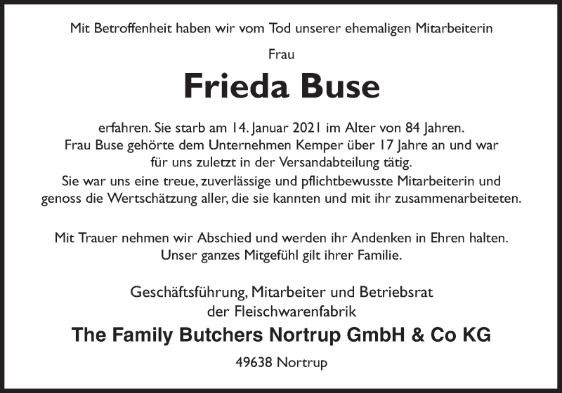  Traueranzeige für Frieda Buse vom 20.01.2021 aus Neue Osnabrücker Zeitung GmbH & Co. KG