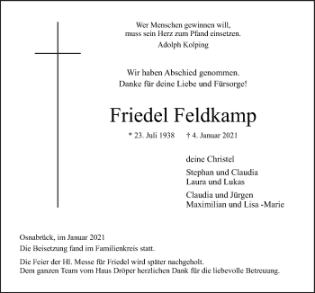 Traueranzeige von Friedel Feldkamp von Neue Osnabrücker Zeitung GmbH & Co. KG