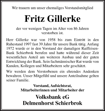 Traueranzeige von Fritz Gillerke von Neue Osnabrücker Zeitung GmbH & Co. KG