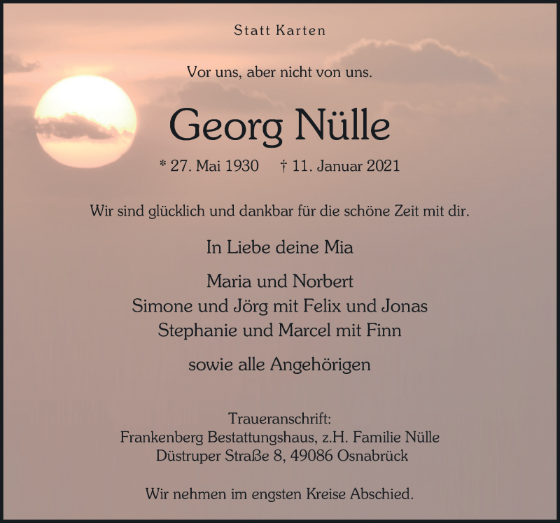  Traueranzeige für Georg Nülle vom 16.01.2021 aus Neue Osnabrücker Zeitung GmbH & Co. KG