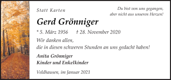 Traueranzeige von Gerd Grönniger von Neue Osnabrücker Zeitung GmbH & Co. KG