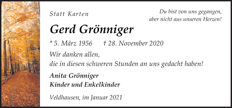  Traueranzeige für Gerd Grönniger vom 09.01.2021 aus Neue Osnabrücker Zeitung GmbH & Co. KG