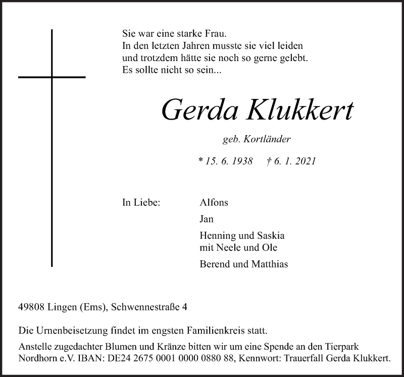  Traueranzeige für Gerda Klukkert vom 09.01.2021 aus Neue Osnabrücker Zeitung GmbH & Co. KG