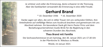 Traueranzeige von Gerhard Brand von Neue Osnabrücker Zeitung GmbH & Co. KG