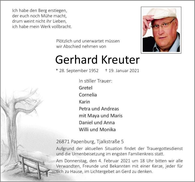  Traueranzeige für Gerhard Kreuter vom 26.01.2021 aus Neue Osnabrücker Zeitung GmbH & Co. KG