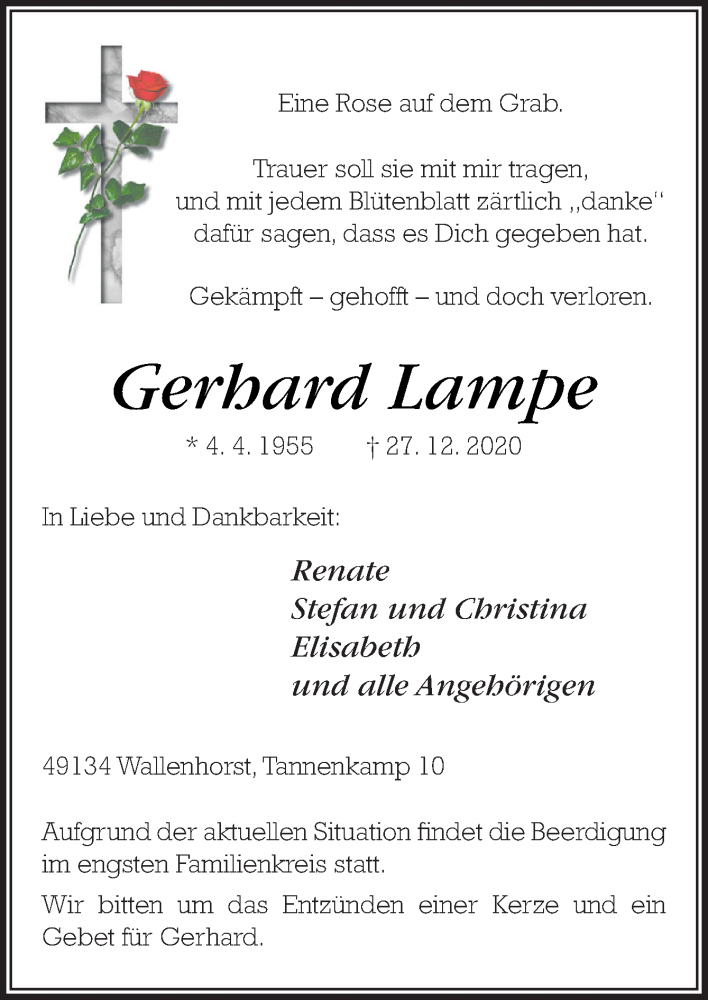  Traueranzeige für Gerhard Lampe vom 02.01.2021 aus Neue Osnabrücker Zeitung GmbH & Co. KG