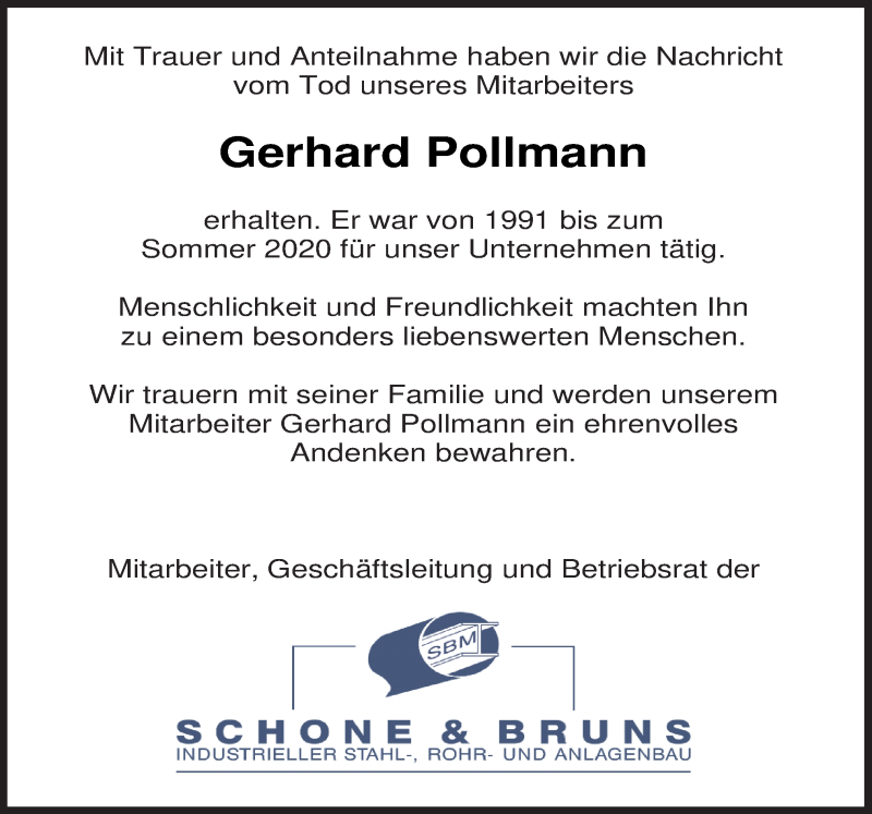  Traueranzeige für Gerhard Pollmann vom 26.01.2021 aus Neue Osnabrücker Zeitung GmbH & Co. KG