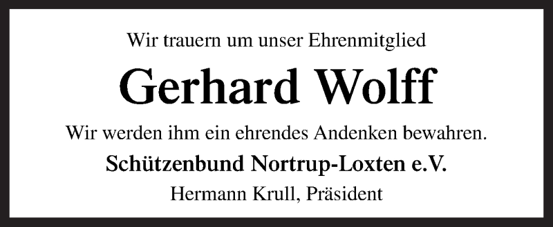  Traueranzeige für Gerhard Wolff vom 23.01.2021 aus Neue Osnabrücker Zeitung GmbH & Co. KG