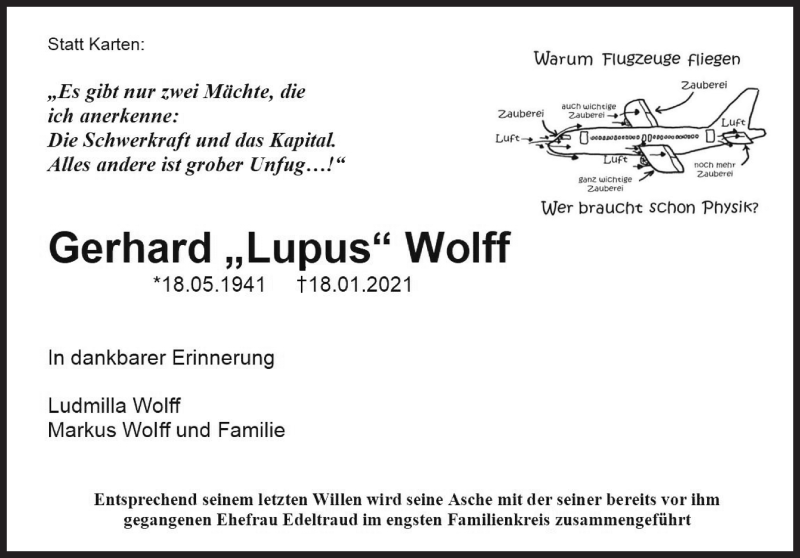 Traueranzeige für Gerhard Wolff vom 21.01.2021 aus Neue Osnabrücker Zeitung GmbH & Co. KG
