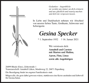 Traueranzeige von Gesina Specker von Neue Osnabrücker Zeitung GmbH & Co. KG