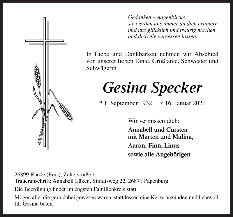  Traueranzeige für Gesina Specker vom 19.01.2021 aus Neue Osnabrücker Zeitung GmbH & Co. KG