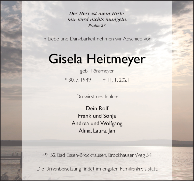  Traueranzeige für Gisela Heitmeyer vom 14.01.2021 aus Neue Osnabrücker Zeitung GmbH & Co. KG