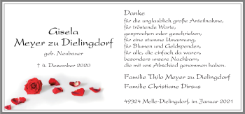 Traueranzeige von Gisela Meyer zu Dielingdorf von Neue Osnabrücker Zeitung GmbH & Co. KG