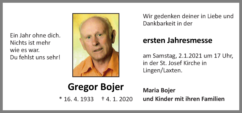  Traueranzeige für Gregor Bojer vom 02.01.2021 aus Neue Osnabrücker Zeitung GmbH & Co. KG