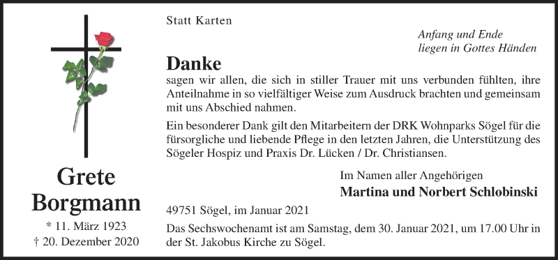  Traueranzeige für Grete Borgmann vom 27.01.2021 aus Neue Osnabrücker Zeitung GmbH & Co. KG