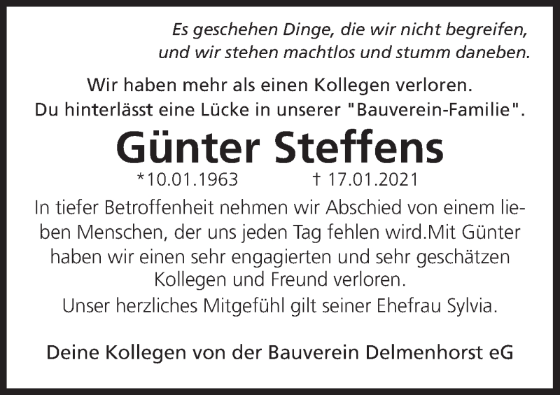  Traueranzeige für Günter Steffens vom 20.01.2021 aus Neue Osnabrücker Zeitung GmbH & Co. KG