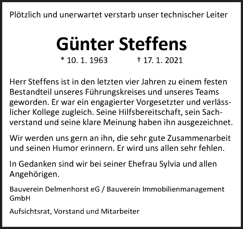  Traueranzeige für Günter Steffens vom 20.01.2021 aus Neue Osnabrücker Zeitung GmbH & Co. KG