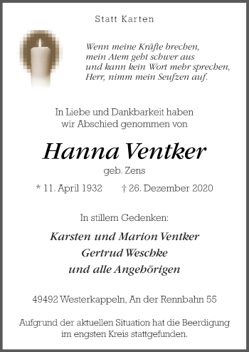 Traueranzeige von Hanna Ventker von Neue Osnabrücker Zeitung GmbH & Co. KG