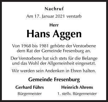 Traueranzeige von Hans Aggen von Neue Osnabrücker Zeitung GmbH & Co. KG