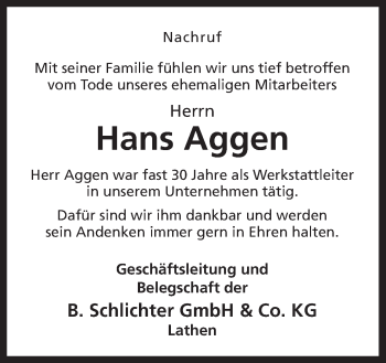 Traueranzeige von Hans Aggen von Neue Osnabrücker Zeitung GmbH & Co. KG