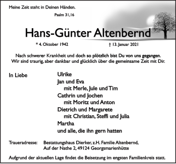 Traueranzeige von Hans-Günter Altenbernd von Neue Osnabrücker Zeitung GmbH & Co. KG