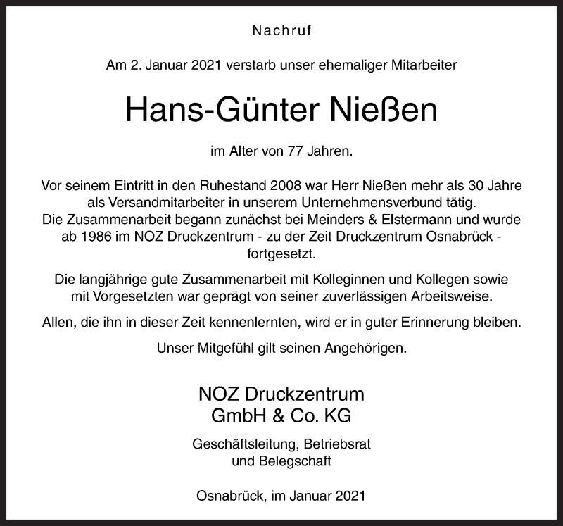  Traueranzeige für Hans-Günter Nießen vom 16.01.2021 aus Neue Osnabrücker Zeitung GmbH & Co. KG