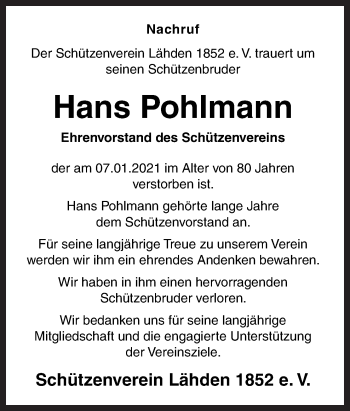 Traueranzeige von Hans Pohlmann von Neue Osnabrücker Zeitung GmbH & Co. KG