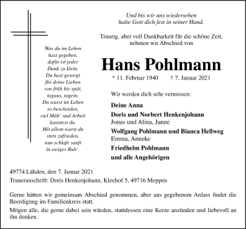 Traueranzeige von Hans Pohlmann von Neue Osnabrücker Zeitung GmbH & Co. KG