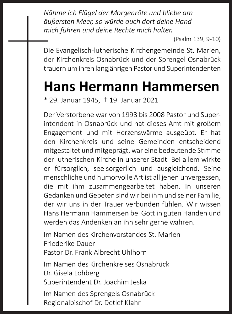  Traueranzeige für Hans Hermann Hammersen vom 23.01.2021 aus Neue Osnabrücker Zeitung GmbH & Co. KG