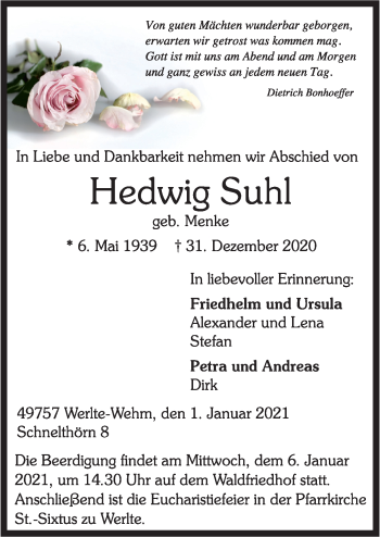 Traueranzeige von Hedwig Suhl von Neue Osnabrücker Zeitung GmbH & Co. KG
