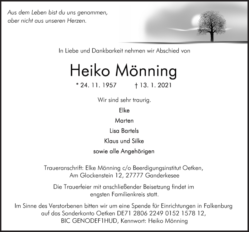  Traueranzeige für Heiko Mönning vom 19.01.2021 aus Neue Osnabrücker Zeitung GmbH & Co. KG