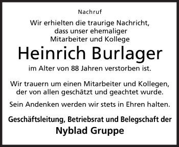 Traueranzeige von Heinrich Burlager von Neue Osnabrücker Zeitung GmbH & Co. KG