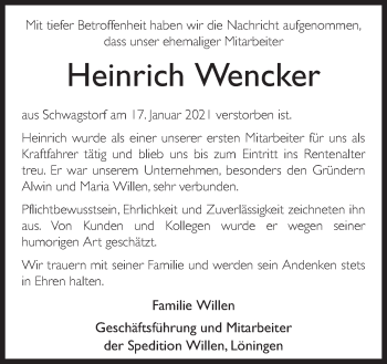 Traueranzeige von Heinrich Wencker von Neue Osnabrücker Zeitung GmbH & Co. KG